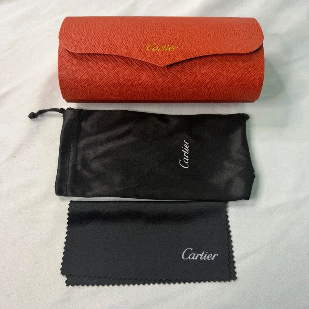 Cartier Red Cross-Grain Leather Sunglasses Case Set with Dust Bag and Cloth